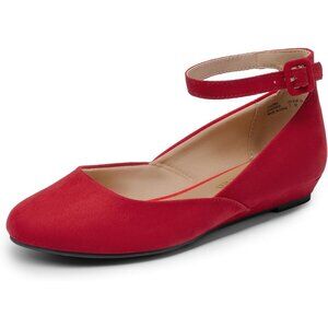 Dream Pairs Women's Red Faux Leather Ankle Buckle Strap Low Wedge Flats Shoes